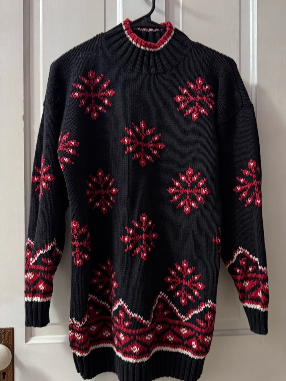 Black Crewneck Sweater with Red Snowflake Motif